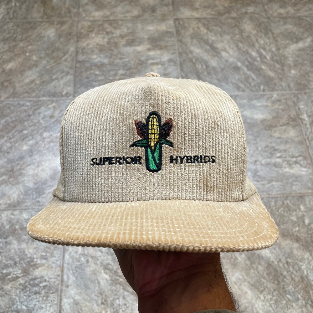 Vintage Kap King Superior Hybrids Corn Corduroy Snapback Hat Tan Made in USA